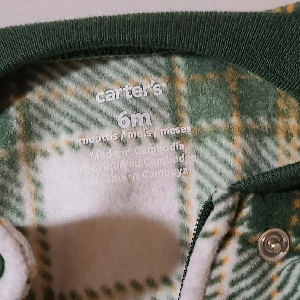 Carters Plaid Green/White Kids 1 Piece Reindeer Footie NWT 6 Months 2 Way Zipper